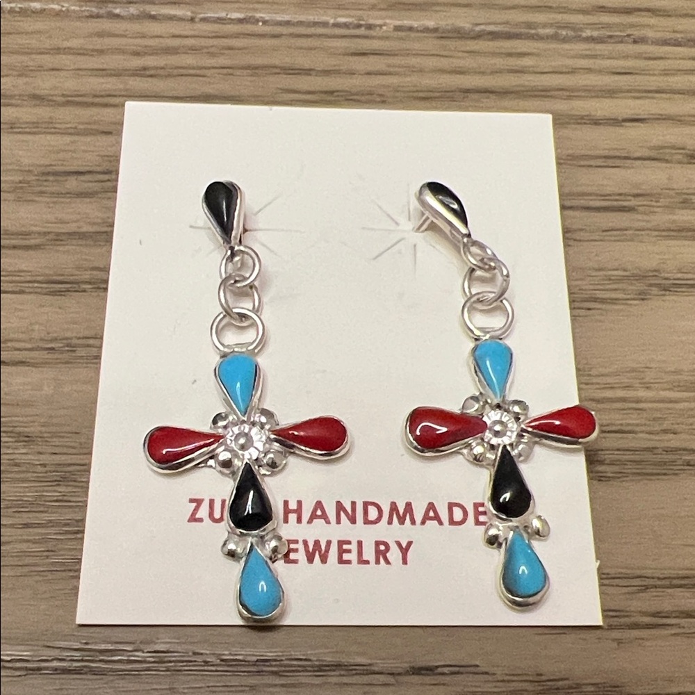 Zuni Coral, onyx, and Turquoise Cross Earrings